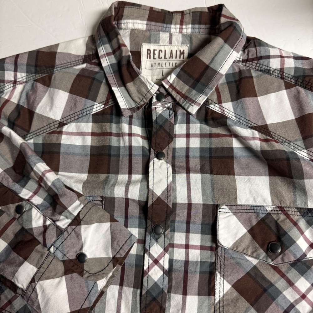 Reclaim Athletic Plaid Western Shirt Long Sleeve Button Up‎ Brown Mens L